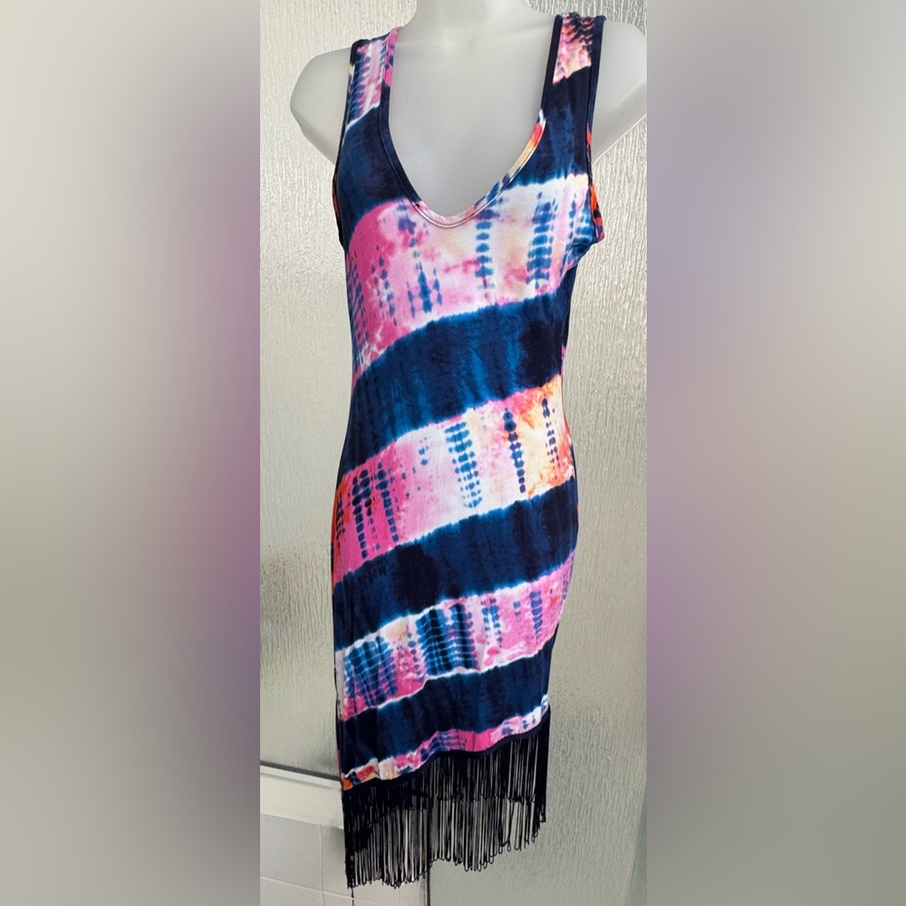 VENUS Tie-Dye Fringe Midi Dress - Pink, Blue, Orange